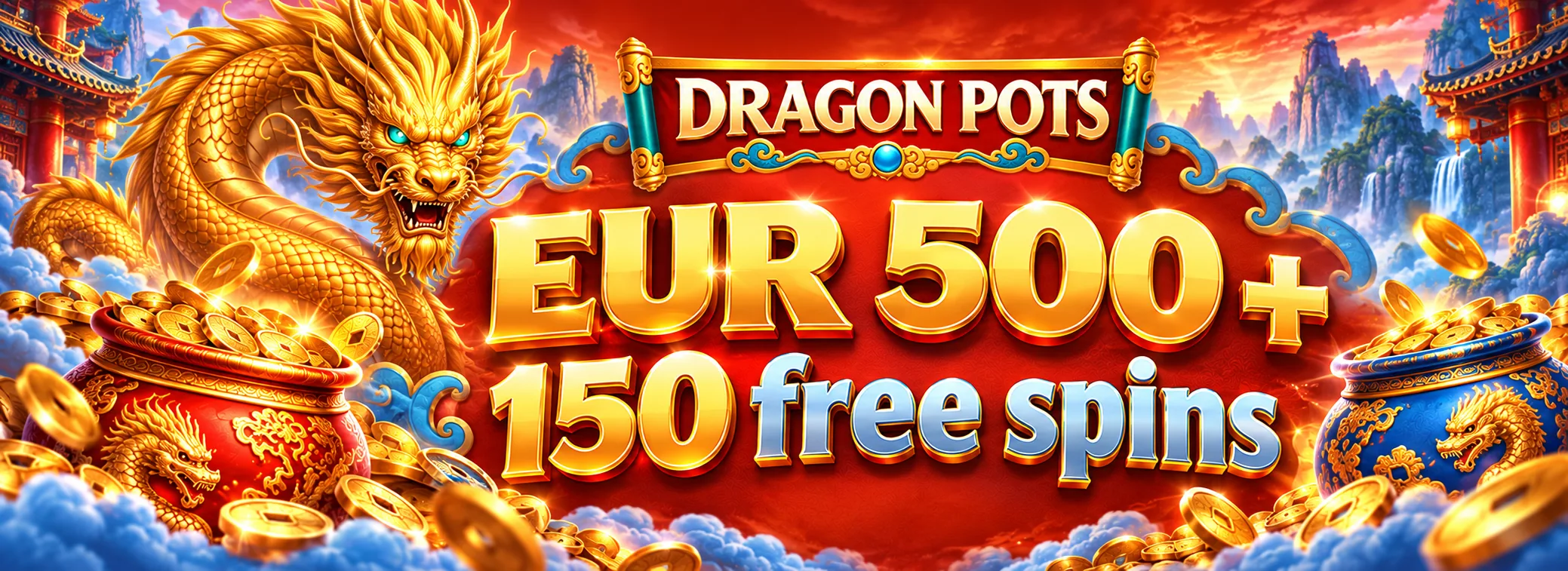 100% up to EUR 500 plus 150 free spins on Dragon Pots